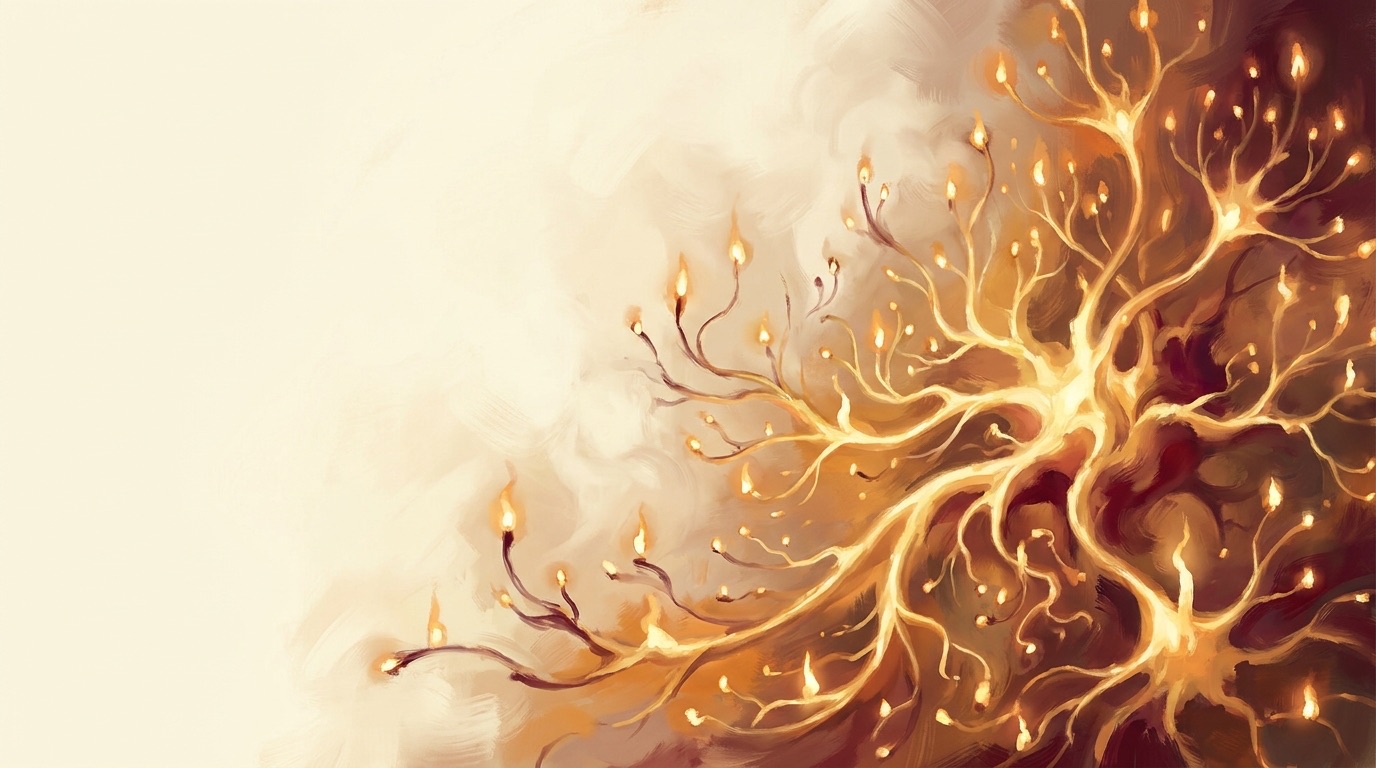 Painterly golden tendrils — neurons, mycelium, and candle flames branching across warm paper