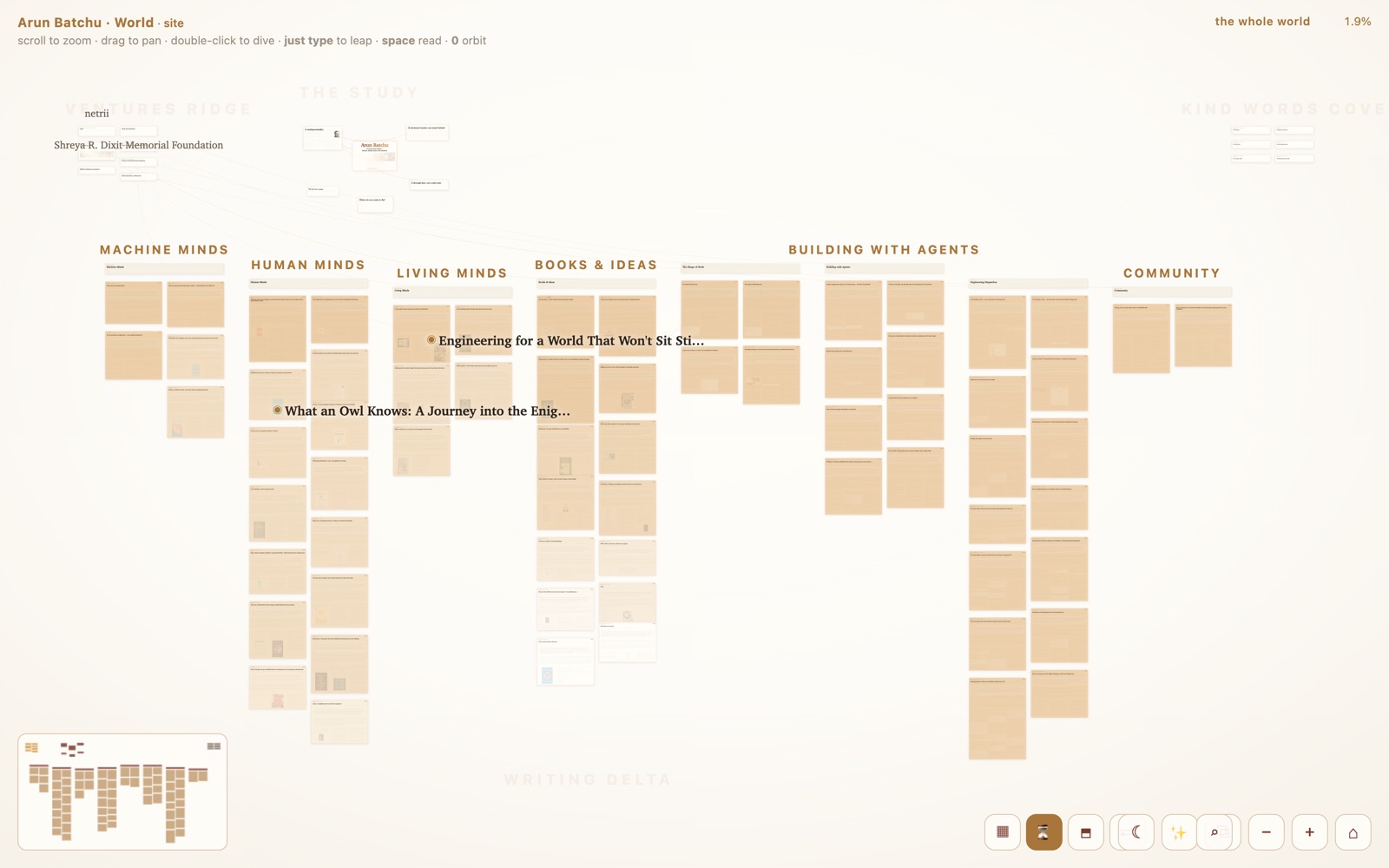 The chronology layer: every piece tinted by recency, brighter amber meaning newer — a writing life as sediment